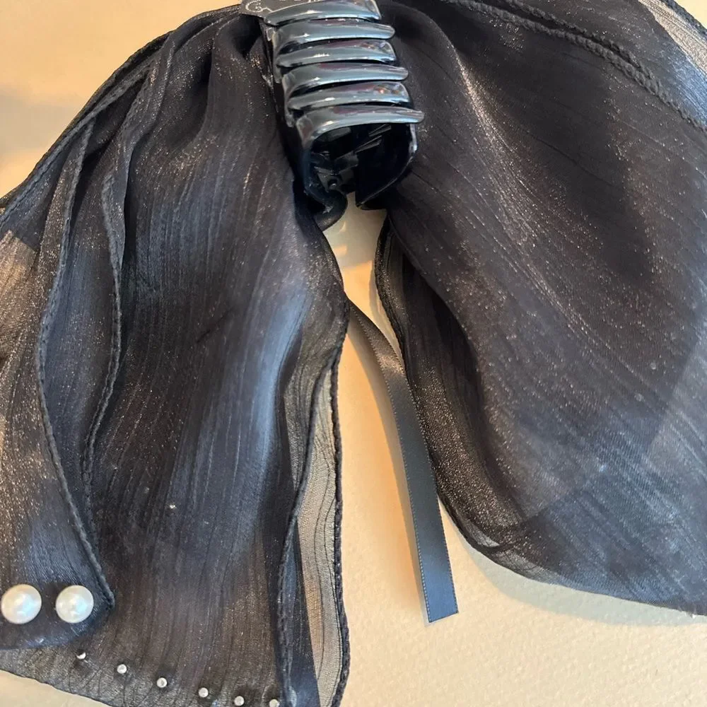 Elegant Black Hair Bow with Pearls K7